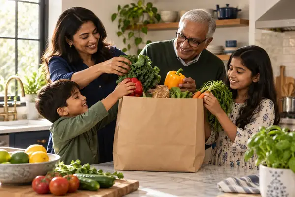 Family smiling as they unpack fresh groceries from a paper bag in their kitchen