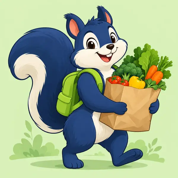Navo, the Navora mascot: a blue squirrel with a green backpack carrying a bag of groceries