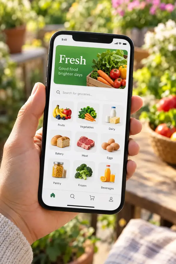 Hand holding a phone showing the Navora grocery shopping app with fresh produce categories