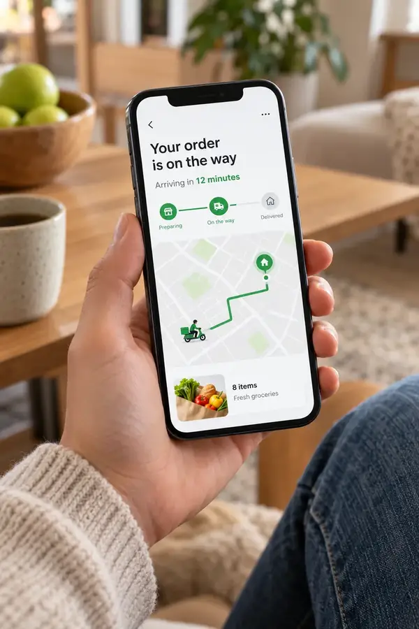 Phone showing a Navora order on its way, with a live delivery map
