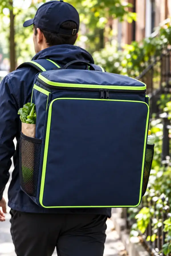 Navora delivery rider wearing a navy and lime green insulated delivery backpack