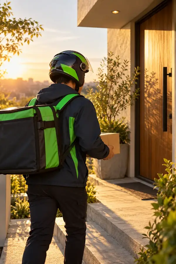 Navora delivery rider in a green helmet carrying groceries to a front door at sunset
