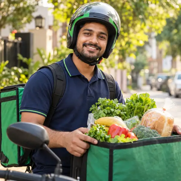 Smiling Navora delivery rider in a navy and green uniform holding a bag of fresh groceries
