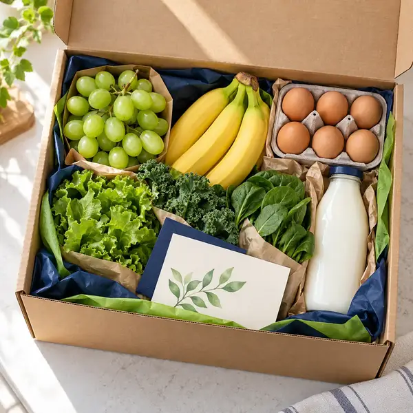 Open Navora grocery delivery box with grapes, bananas, eggs, milk and leafy greens