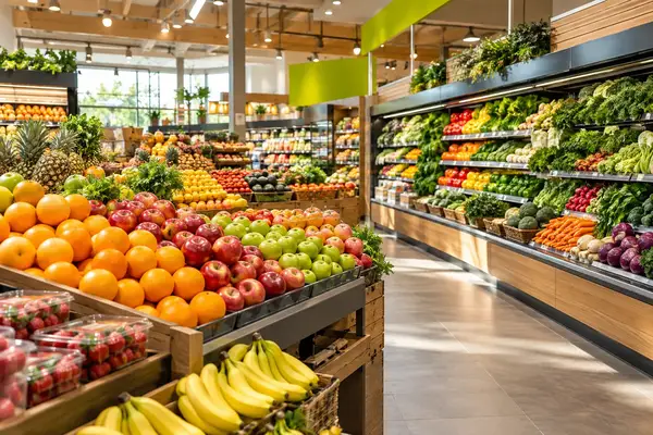 Concept visual: bright grocery store aisle stocked with oranges, apples, bananas and fresh produce