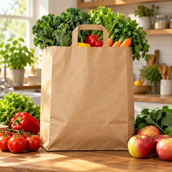 Kraft paper grocery bag filled with fresh vegetables, next to apples and tomatoes