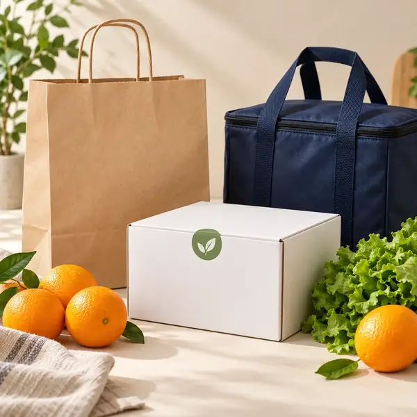 Navora kraft bag, white box with leaf logo and navy insulated bag beside oranges and greens