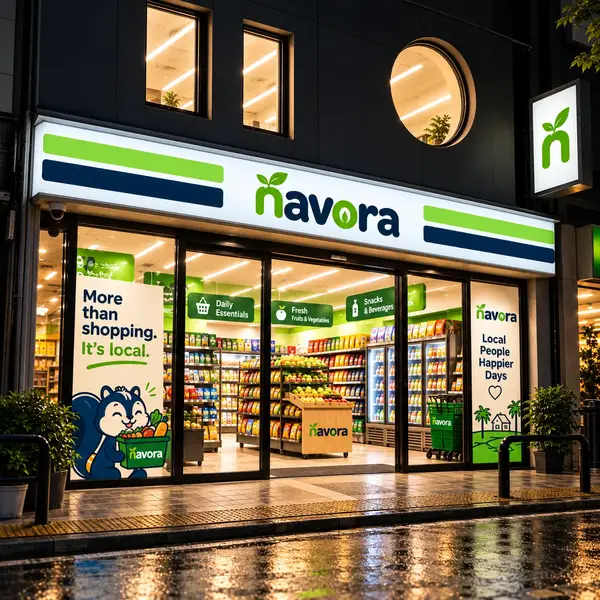 Concept visual: grocery storefront with Navora signage, lit up at night on a wet street