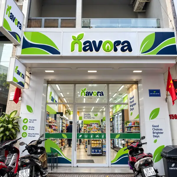 Concept visual: street-level storefront with green and white Navora branding and scooters parked outside