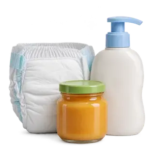 Baby care category: diapers, a baby food jar and lotion
