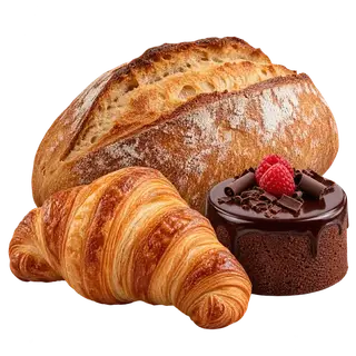 Bakery category: a bread loaf, croissants and chocolate cake