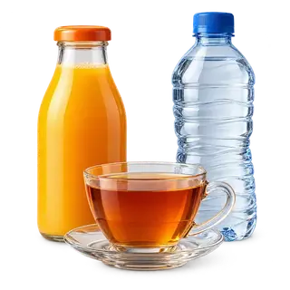 Beverages category: juice, a water bottle and a cup of tea