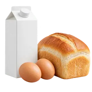 Dairy & breakfast category: a milk carton, eggs and bread