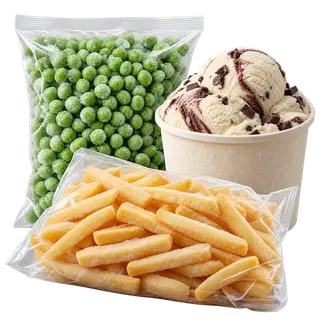 Frozen foods category: green peas, ice cream and fries
