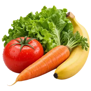 Fruits & vegetables category: a tomato, carrot, banana and lettuce