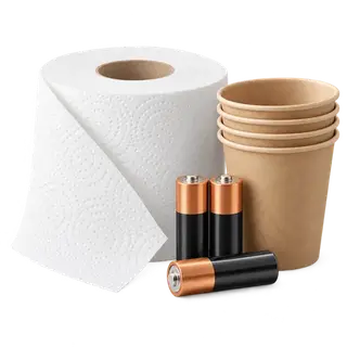 Household essentials category: a tissue roll, batteries and paper cups