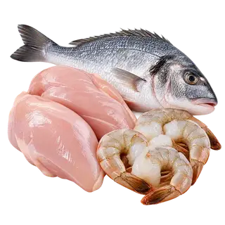 Meat & seafood category: fish, chicken and prawns