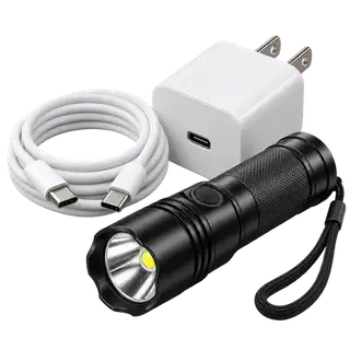 Mobile & emergency essentials category: a phone charger, cable and torch
