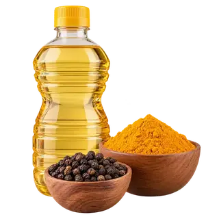 Oil, masala & cooking category: a bottle of cooking oil, black pepper and turmeric