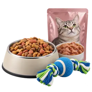 Pet care category: a bowl of pet food, a cat food pouch and a rope toy