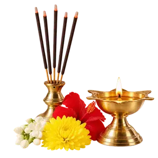 Pooja essentials category: incense sticks, a brass lamp and flowers