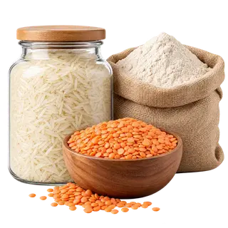 Rice, atta & grains category: rice, flour and red lentils