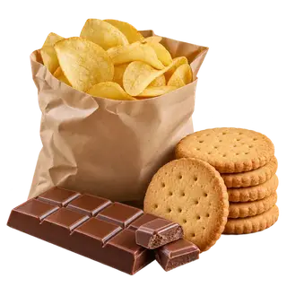 Snacks category: potato chips, biscuits and chocolate
