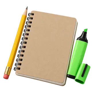Stationery category: a notebook, pencil and highlighter