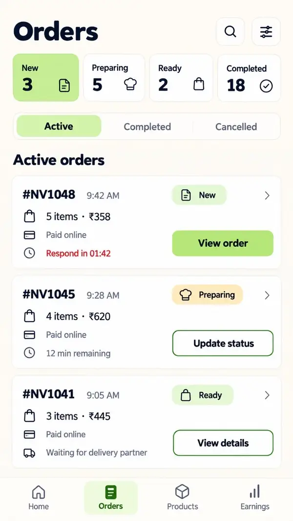 Navora store app design showing active orders