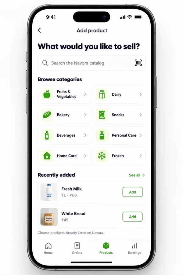 Navora store app design showing add product catalog