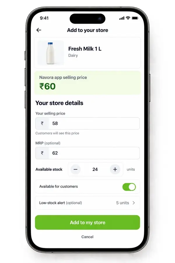 Navora store app design showing add product details