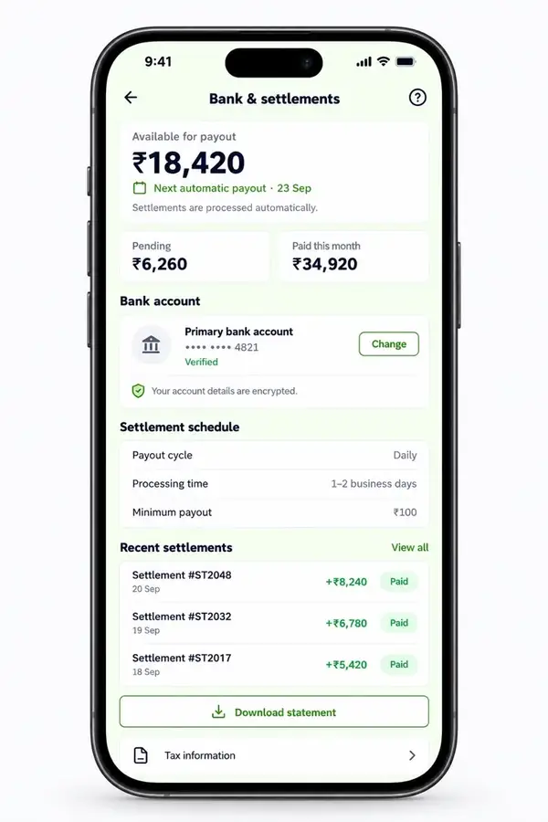 Navora store app design showing bank and settlements