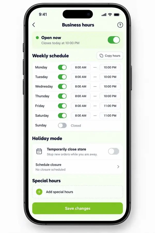 Navora store app design showing business hours