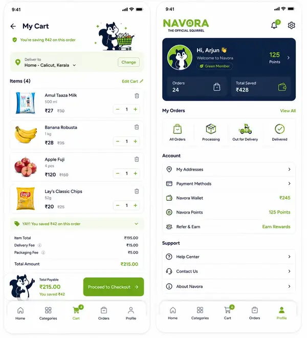 Navora app design showing cart and profile