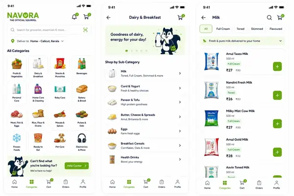 Navora app design showing categories and dairy
