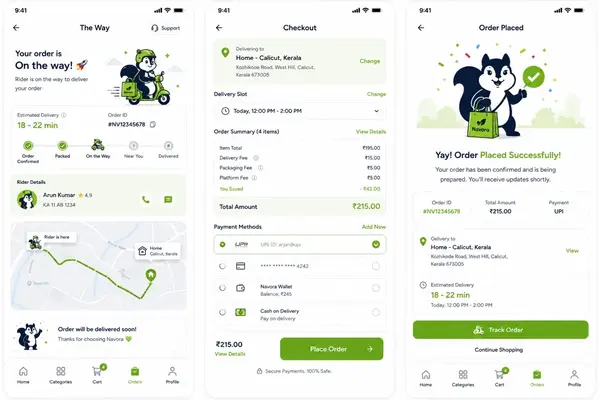 Navora app design showing checkout and order placed