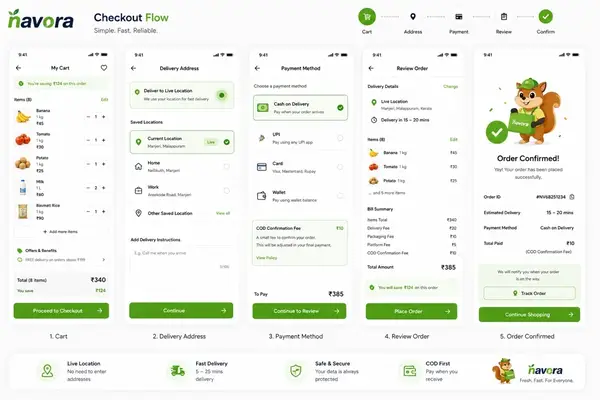 Navora app design showing checkout flow