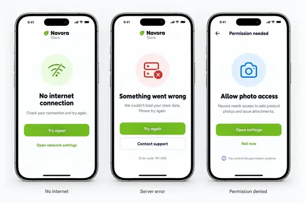 Navora store app design showing connection and permission states