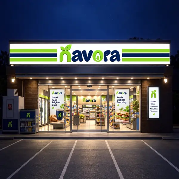 Concept visual: front view of an illuminated Navora convenience store at night with its grocery aisles visible through glass doors.