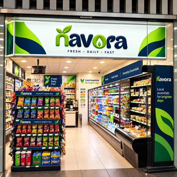 Concept visual: interior view of a Navora convenience store with branded signs and shelves of groceries and snacks.