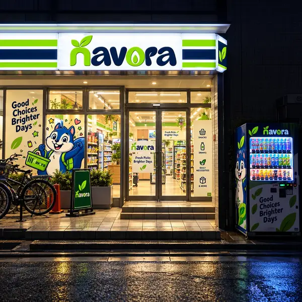 Concept visual: night view of a Navora convenience store and branded vending machine beside the entrance.