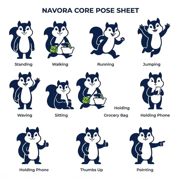 Navora squirrel mascot: core mascot poses