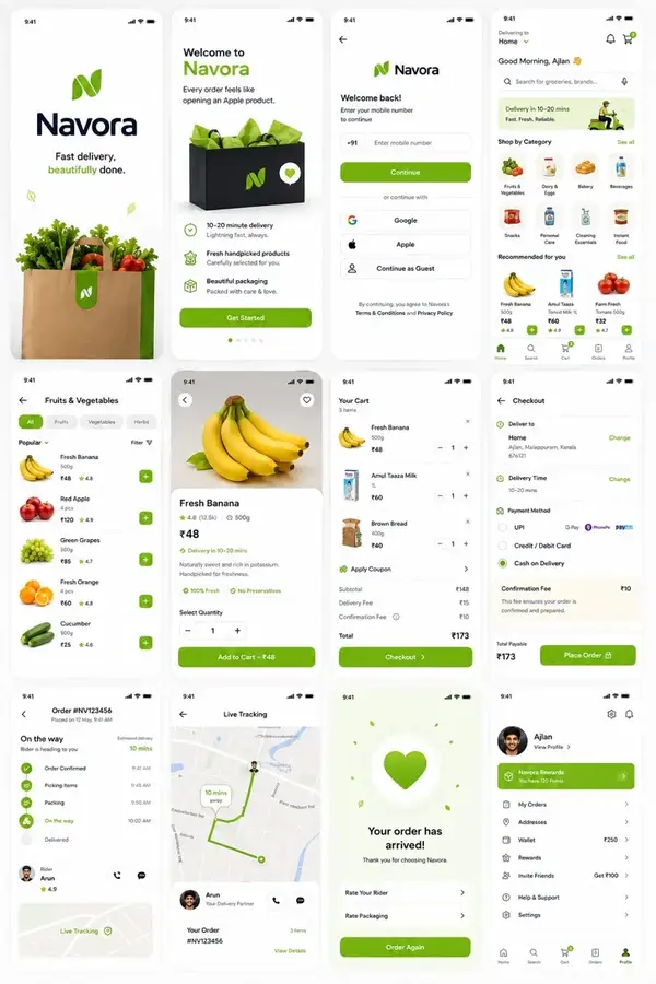 Navora app design showing customer app journey