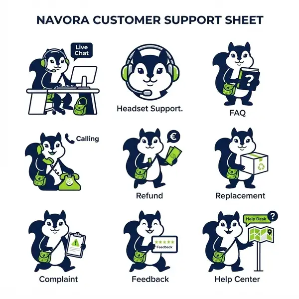 Navora squirrel mascot: customer support illustrations