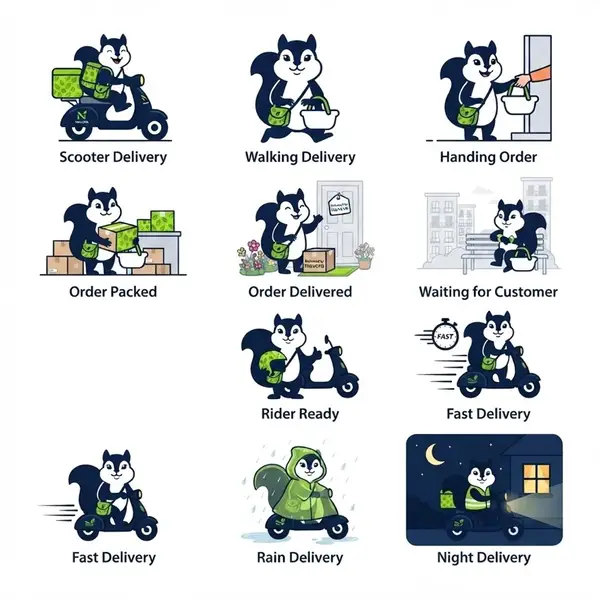 Navora squirrel mascot: delivery poses