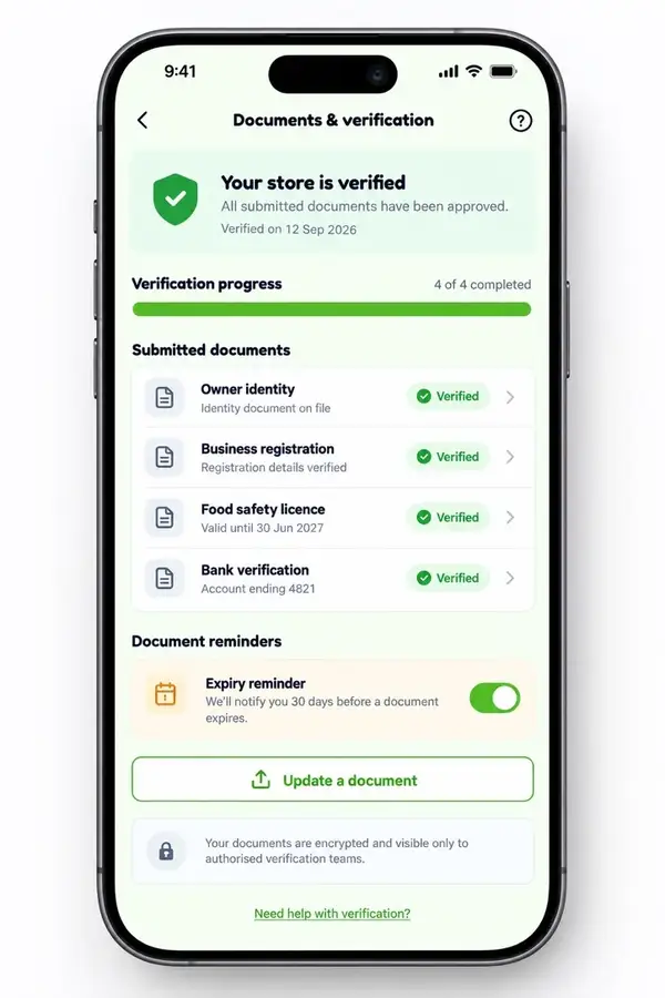 Navora store app design showing documents and verification
