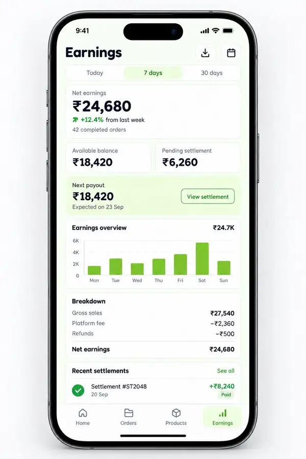 Navora store app design showing earnings dashboard