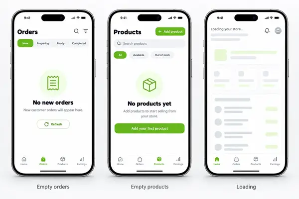 Navora store app design showing empty and loading states