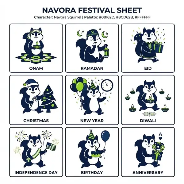 Navora squirrel mascot: festival illustrations