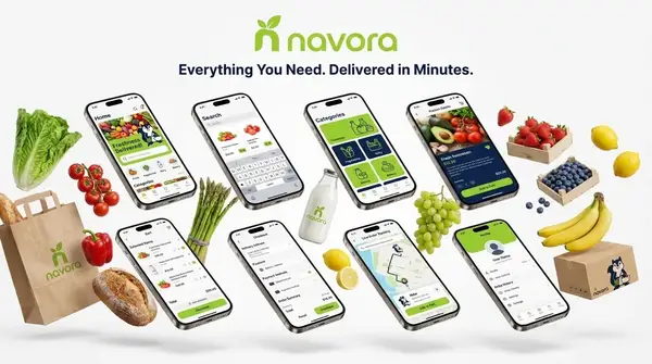 Navora app design showing grocery app screens